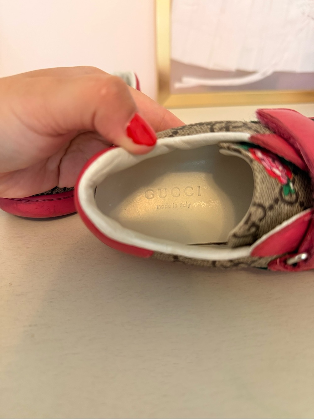 Gucci Kids Beige GG Supreme Floral Sneakers with Pink Trim - Picture 3 of 3